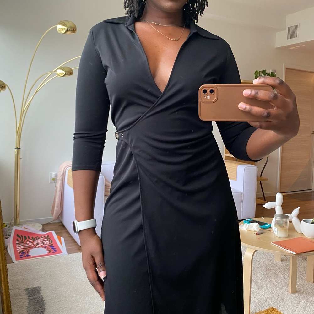 GAS Vintage Black 3/4 Sleeve Collared Wrap Dress Size Medium